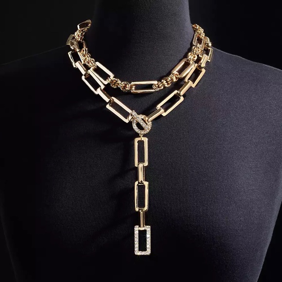 INC International Pavé Link Gold Layered Lariat Necklace - Picture 7 of 8